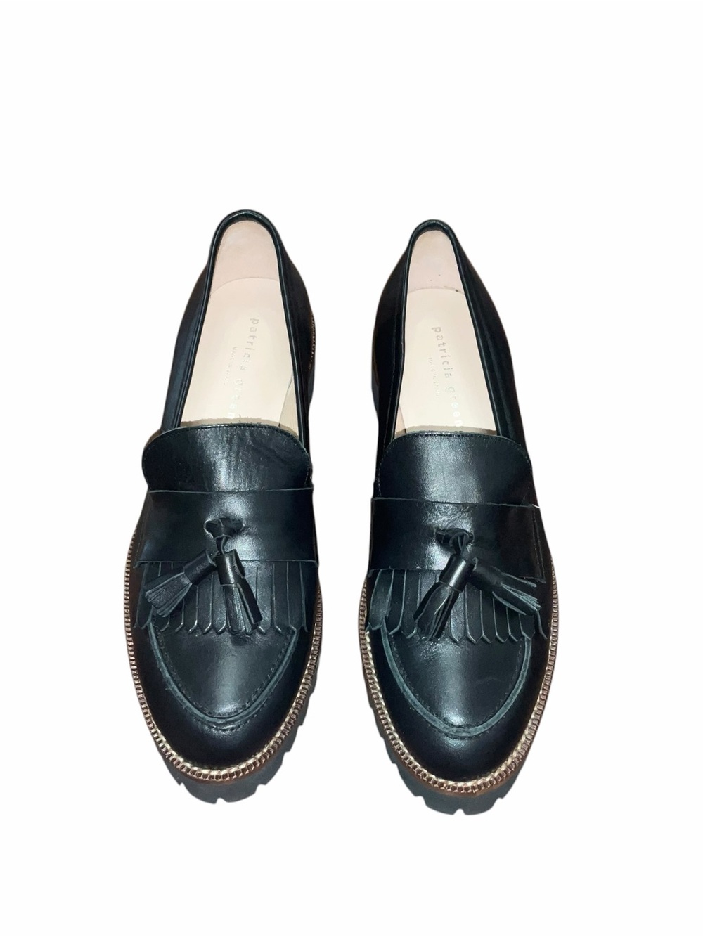 Patricia Green Black Leather Tassel Loafers Lug Sole Comfort Shoes Women’s